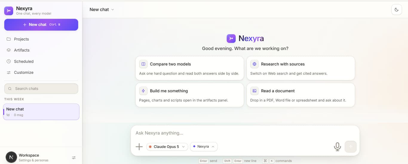 Nexyra Chat open on a new conversation: a left rail with projects, artifacts, scheduled runs and chat history, four starting cards — compare two models, research with sources, build something, read a document — and a composer with a model selector and a persona selector.